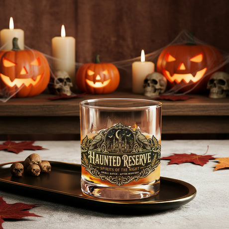 Ornate Haunted Reserve gothic spirits label on whiskey glasses, product view 3