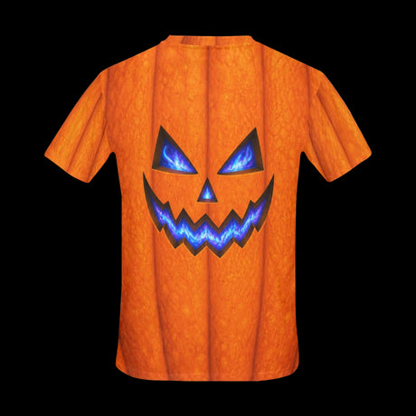 Glowing blue jack-o'-lantern face on textured orange on men's t-shirts, product view 3