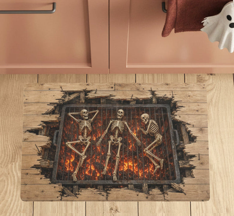 Hellfire grill beneath cracked floorboards with roasting skeletons on kitchen mats, product view 2