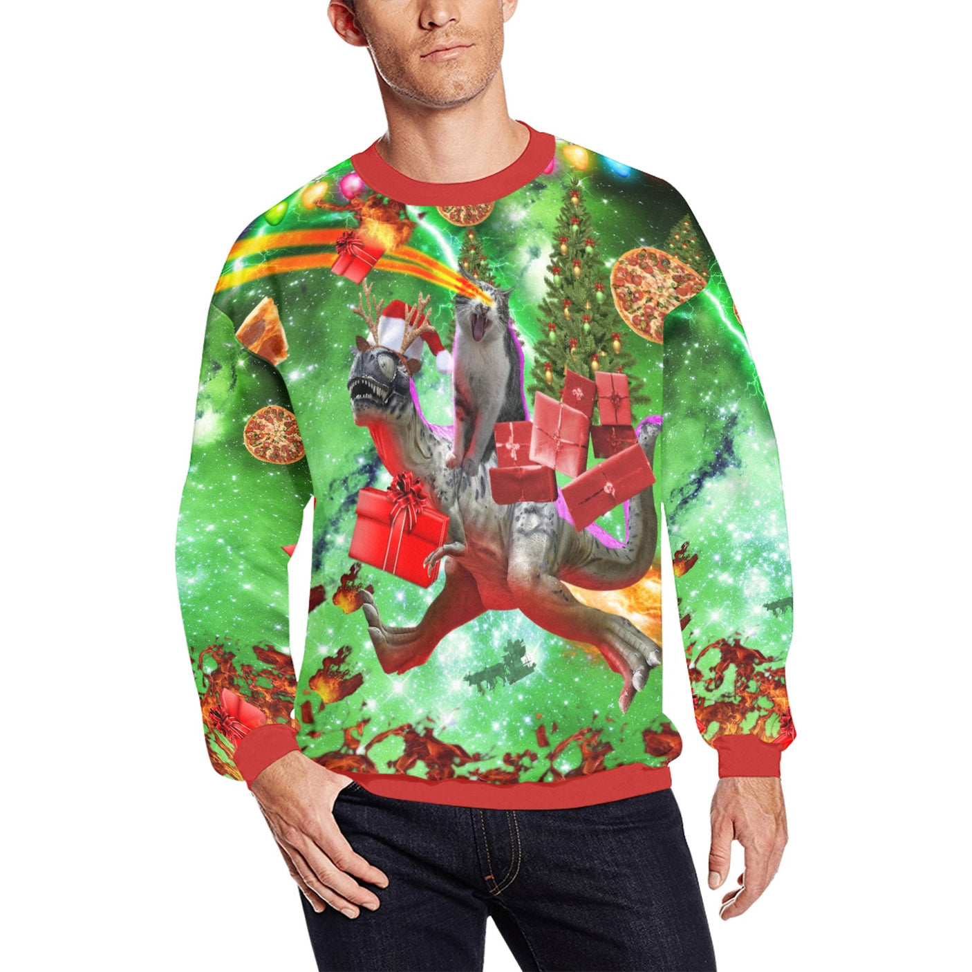 Cat Riding Dinosaur Ugly Christmas Sweater