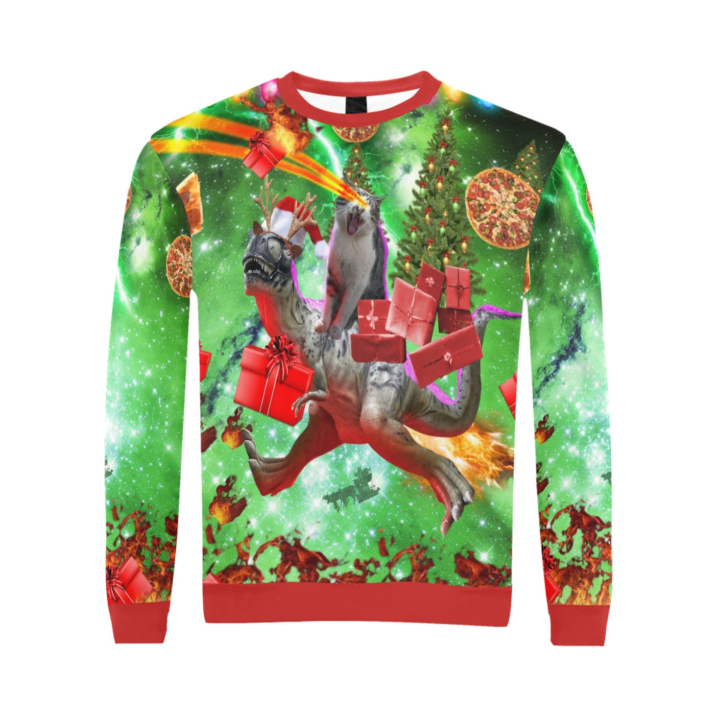 Cat Riding Dinosaur Ugly Christmas Sweater