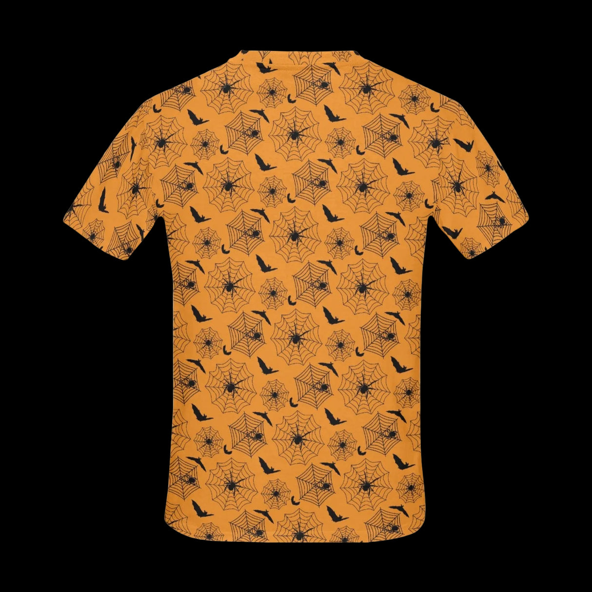 Black spider swarm on distressed pumpkin-orange fabric on men's t-shirts, product view 4