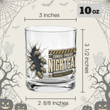 Zombie fingertips breaking through cracked glass beside a vintage nightcap label on whiskey glasses, product view 2