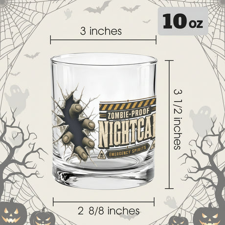 Zombie fingertips breaking through cracked glass beside a vintage nightcap label on whiskey glasses, product view 2