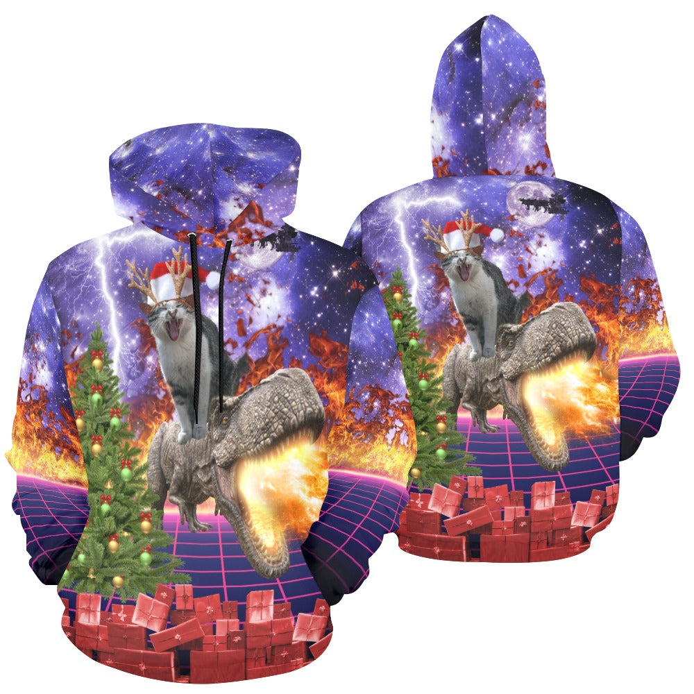 Cat Riding Dinosaur Ugly Christmas Sweater Hoodie