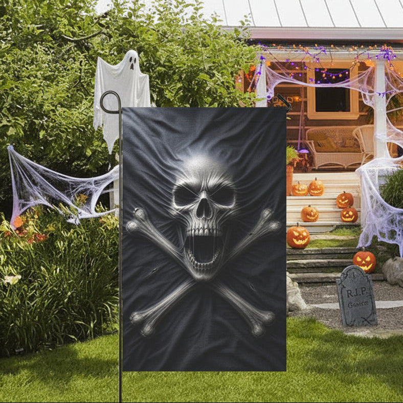 Screaming skull pressing through a black pirate flag on garden flags, product view 5