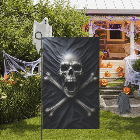Screaming skull pressing through a black pirate flag on garden flags, product view 5