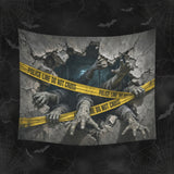 Zombie arms breaking through cracked masonry behind quarantine tape on wall tapestries