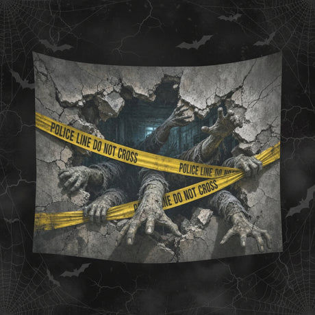 Zombie arms breaking through cracked masonry behind quarantine tape on wall tapestries