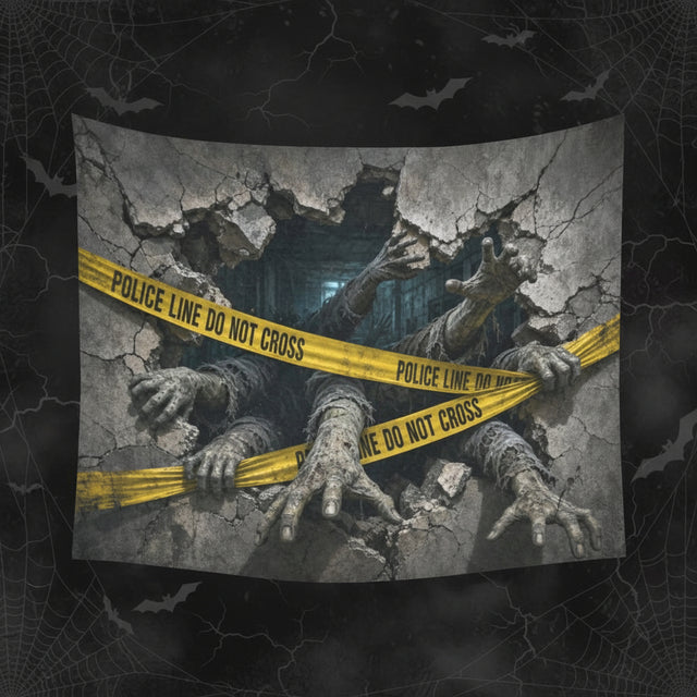 Zombie arms breaking through cracked masonry behind quarantine tape on wall tapestries