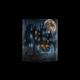 Moonlit haunted house with bare trees and glowing windows on color-changing mugs, product view 5