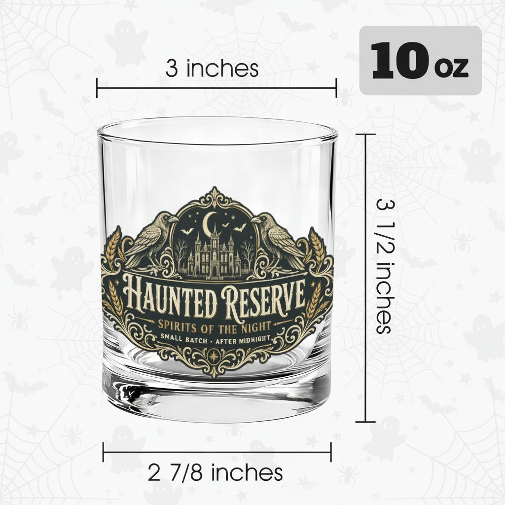 Ornate Haunted Reserve gothic spirits label on whiskey glasses, product view 2