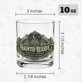 Ornate Haunted Reserve gothic spirits label on whiskey glasses, product view 2