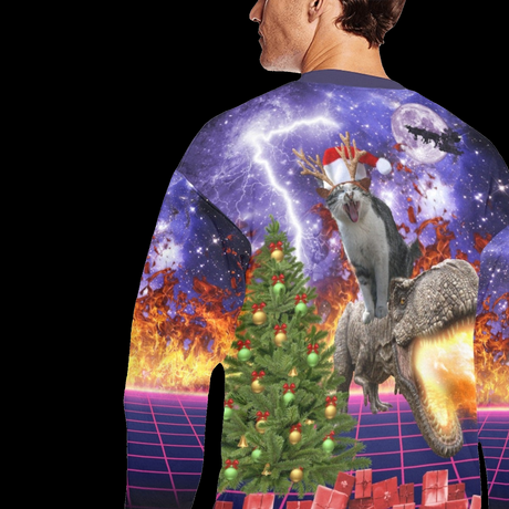 Cat Riding Dinosaur Ugly Christmas Sweater