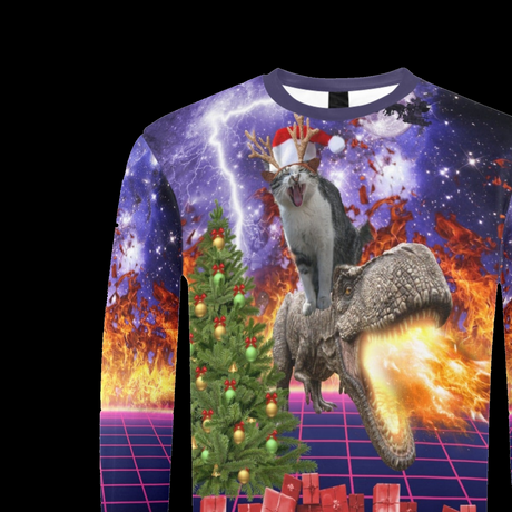 Cat Riding Dinosaur Ugly Christmas Sweater