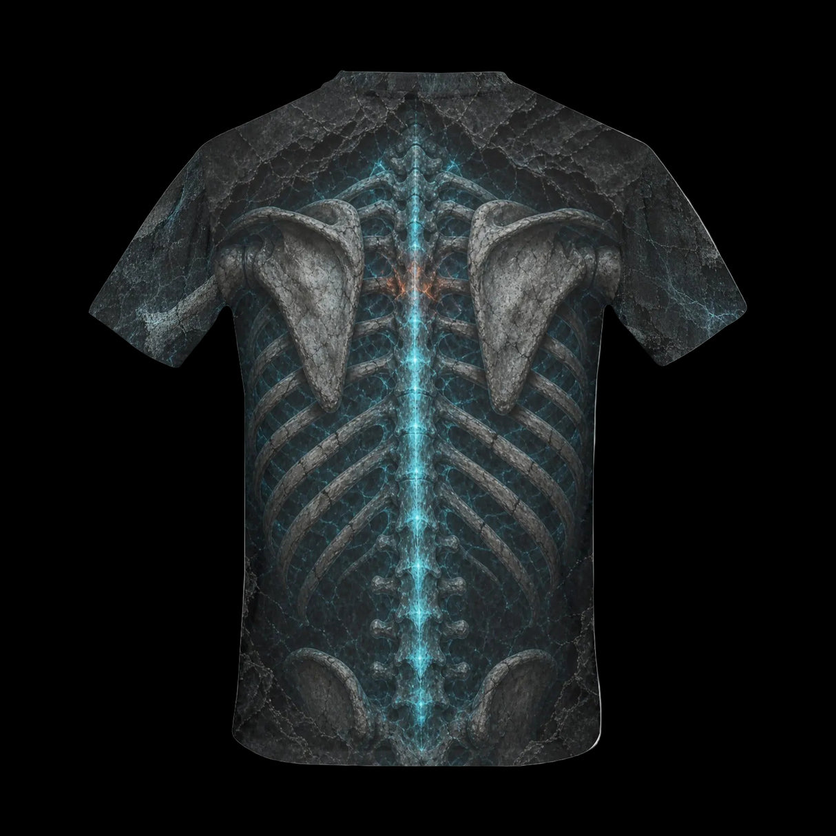 Luminous X-ray ribs and spine with blue and orange energy on men's t-shirts, product view 2