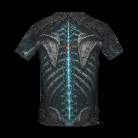 Luminous X-ray ribs and spine with blue and orange energy on men's t-shirts, product view 2