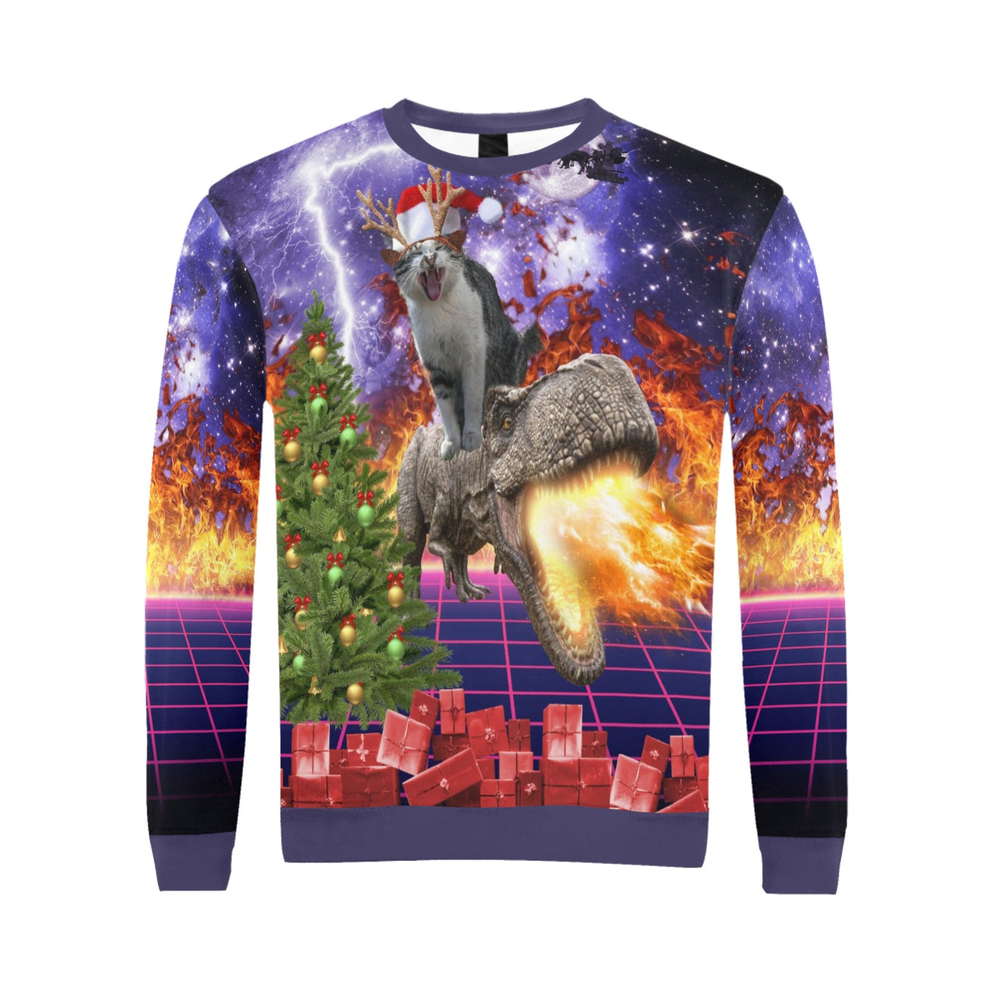 Cat Riding Dinosaur Ugly Christmas Sweater