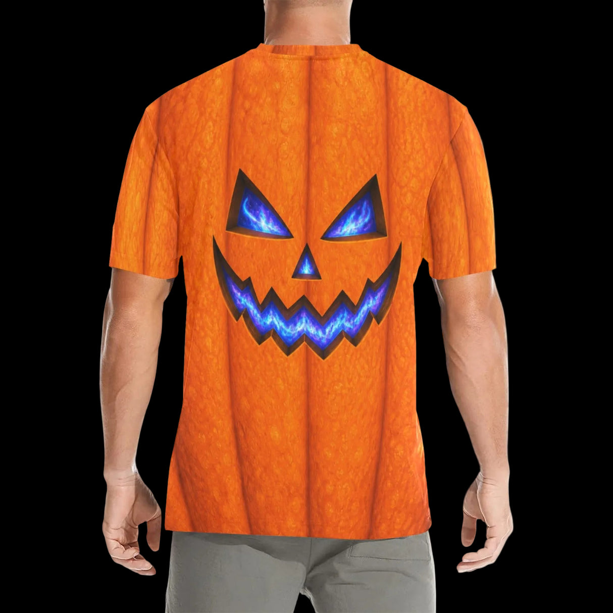 Glowing blue jack-o'-lantern face on textured orange on men's t-shirts, product view 4