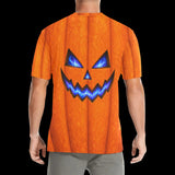 Glowing blue jack-o'-lantern face on textured orange on men's t-shirts, product view 4