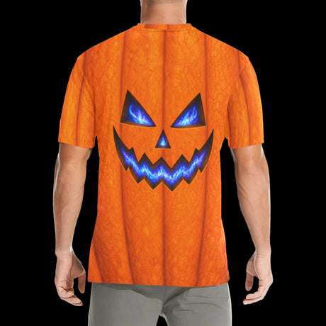 Glowing blue jack-o'-lantern face on textured orange on men's t-shirts, product view 4