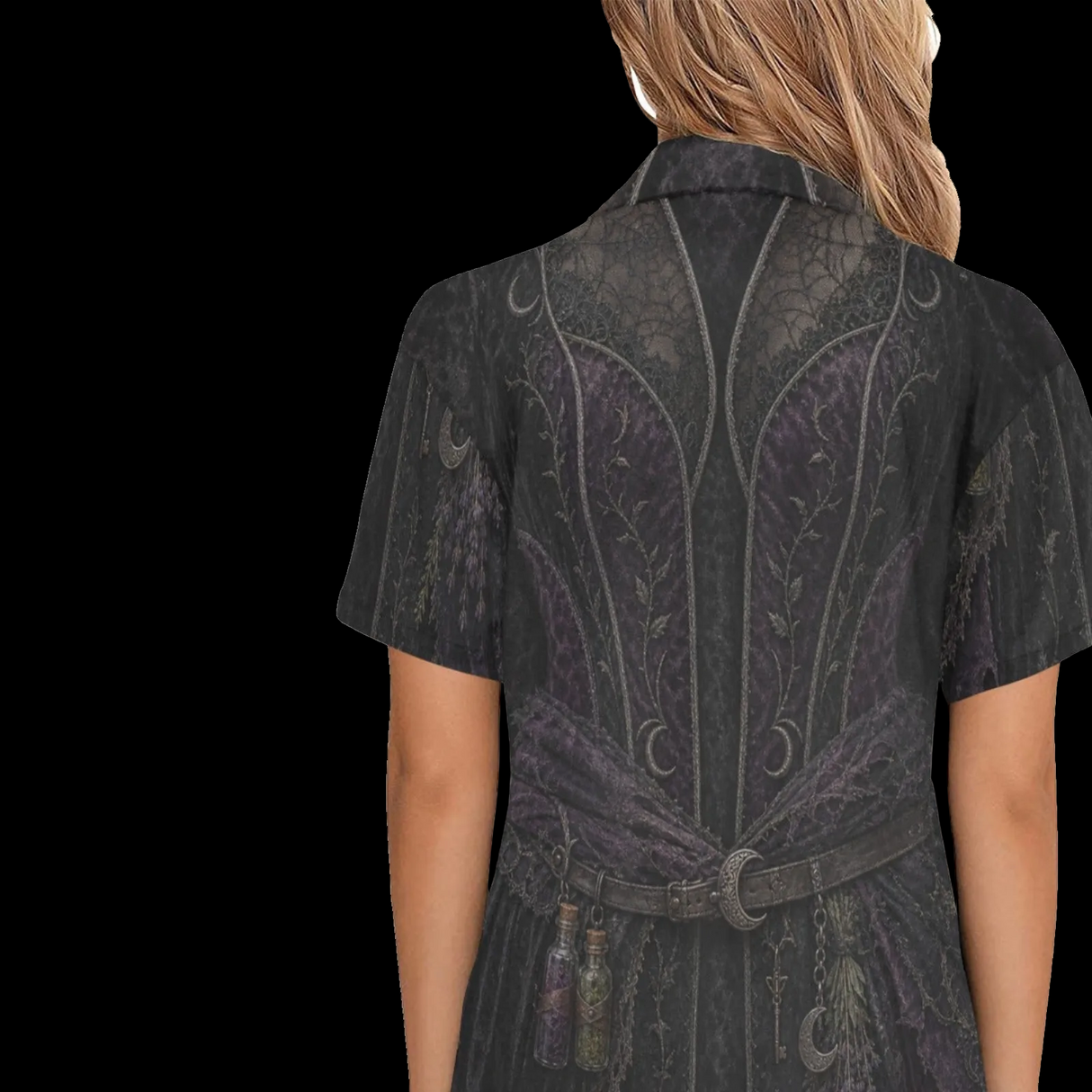 Back view of women's gothic witch pajama set with moon, herb and corset print