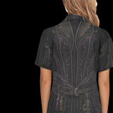 Back view of women's gothic witch pajama set with moon, herb and corset print