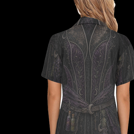 Back view of women's gothic witch pajama set with moon, herb and corset print