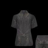 Women's witch pajama top and shorts set with dark gothic all-over costume design