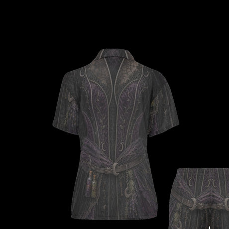 Women's witch pajama top and shorts set with dark gothic all-over costume design