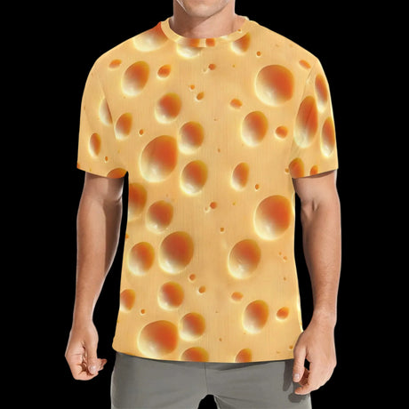 Photoreal Swiss cheese pattern with rounded holes on men's t-shirts, product view 2