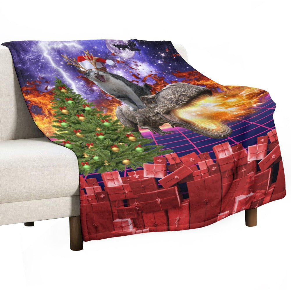 Christmas Cat Dinosaur Throw Blanket