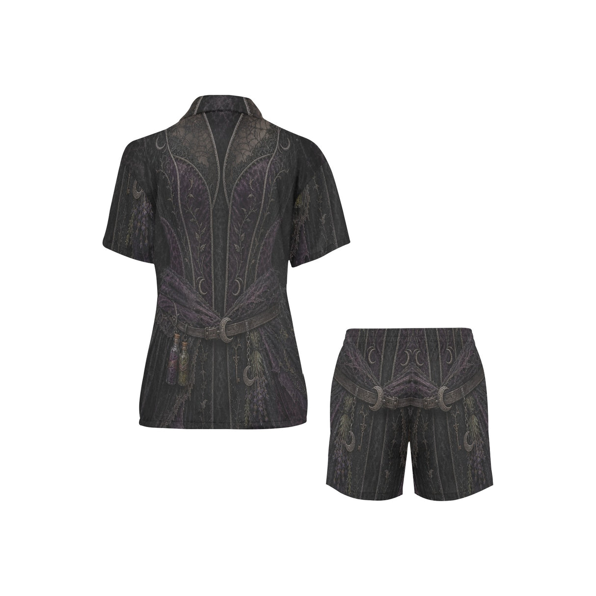 Women's witch pajama top and shorts set with dark gothic all-over costume design