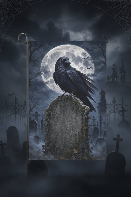 Raven perched on a moonlit cemetery tombstone on garden flags, product view 4