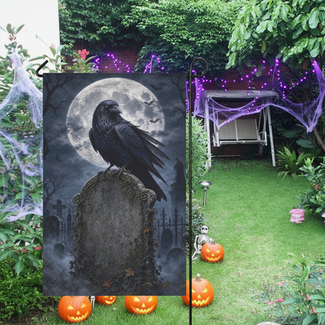 Raven perched on a moonlit cemetery tombstone on garden flags, product view 6