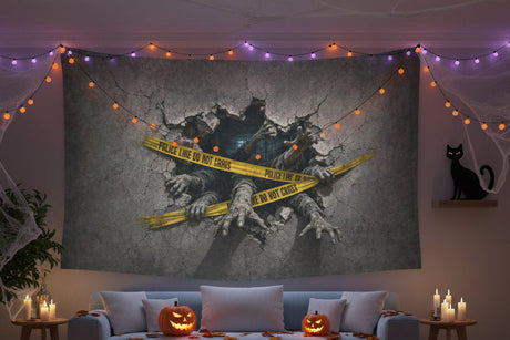 Zombie arms breaking through cracked masonry behind quarantine tape on wall tapestries, product view 6