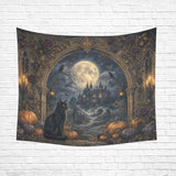 Moonlit gothic manor with black cat, pumpkins and ornate antique border on wall tapestries, product view 4