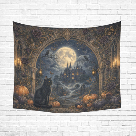 Moonlit gothic manor with black cat, pumpkins and ornate antique border on wall tapestries, product view 4