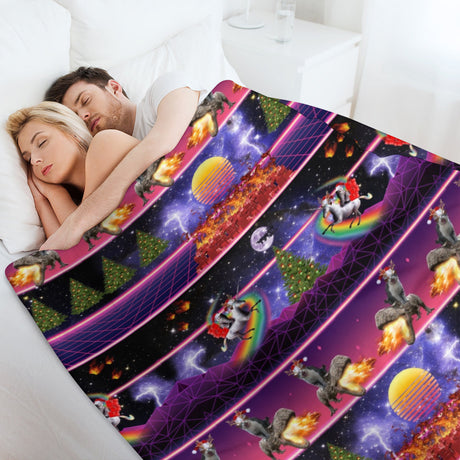 Christmas Synthwave Cat Throw Blanket – Retro Holiday