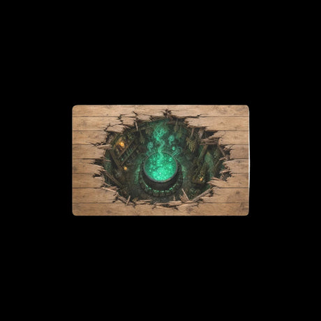 Glowing witch's cauldron beneath cracked wooden floorboards on kitchen mats