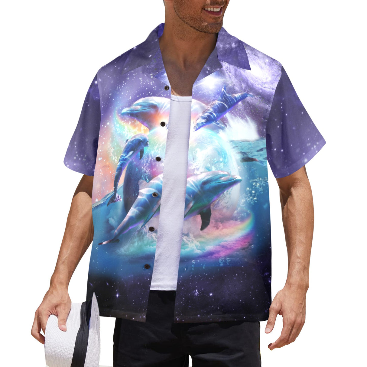 Space Dolphin Vacation Shirt - Galaxy Ocean Hawaiian Button-Up