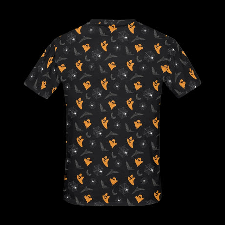 White ghosts and orange jack-o'-lanterns repeating on black on men's t-shirts, product view 3