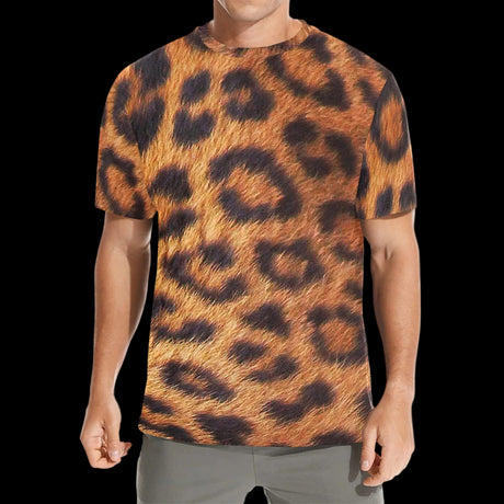 Photoreal golden and black leopard fur pattern on men's t-shirts, product view 3