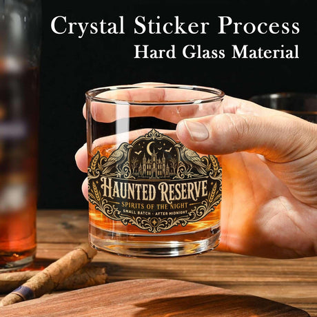 Ornate Haunted Reserve gothic spirits label on whiskey glasses, product view 4