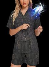 Women's gothic witch costume pajama set with faux corset and potion bottle print