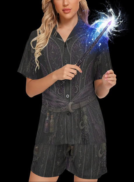 Women's gothic witch costume pajama set with faux corset and potion bottle print