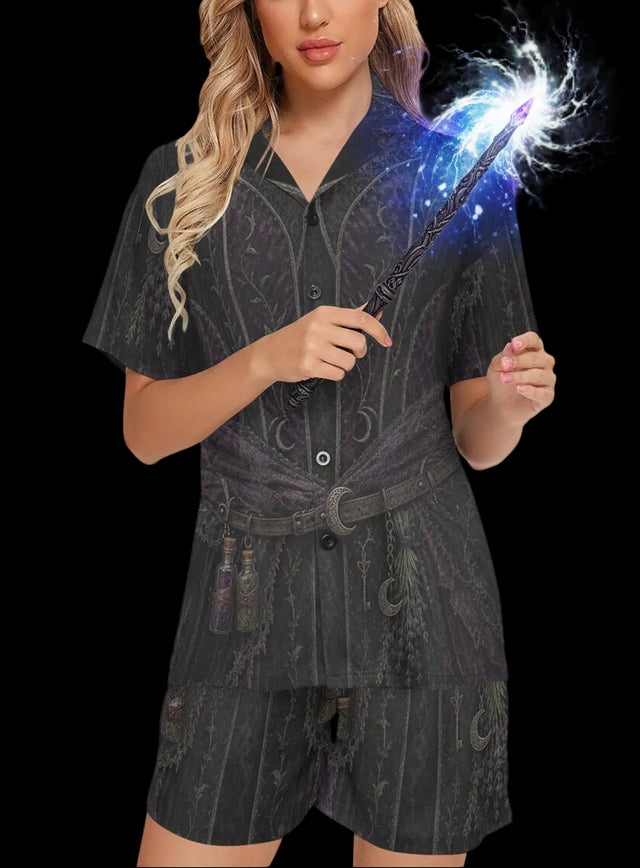 Women's gothic witch costume pajama set with faux corset and potion bottle print