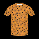 Black spider swarm on distressed pumpkin-orange fabric on men's t-shirts