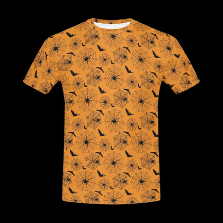Black spider swarm on distressed pumpkin-orange fabric on men's t-shirts
