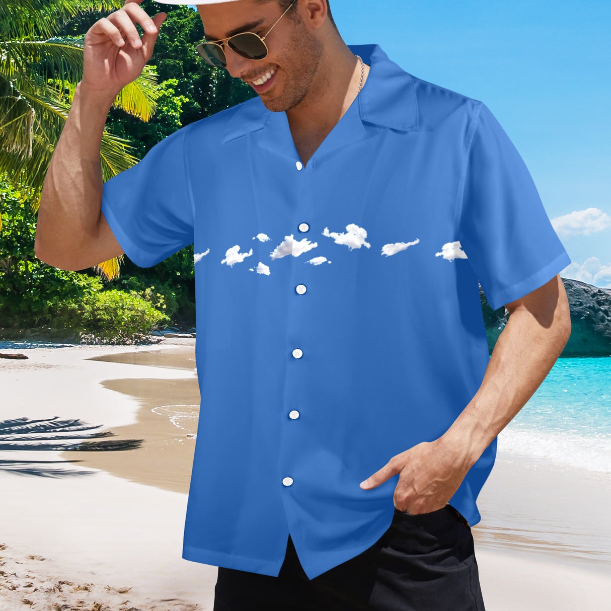 Cloud Print Hawaiian Shirt - Light Airy Vacation Button-Up